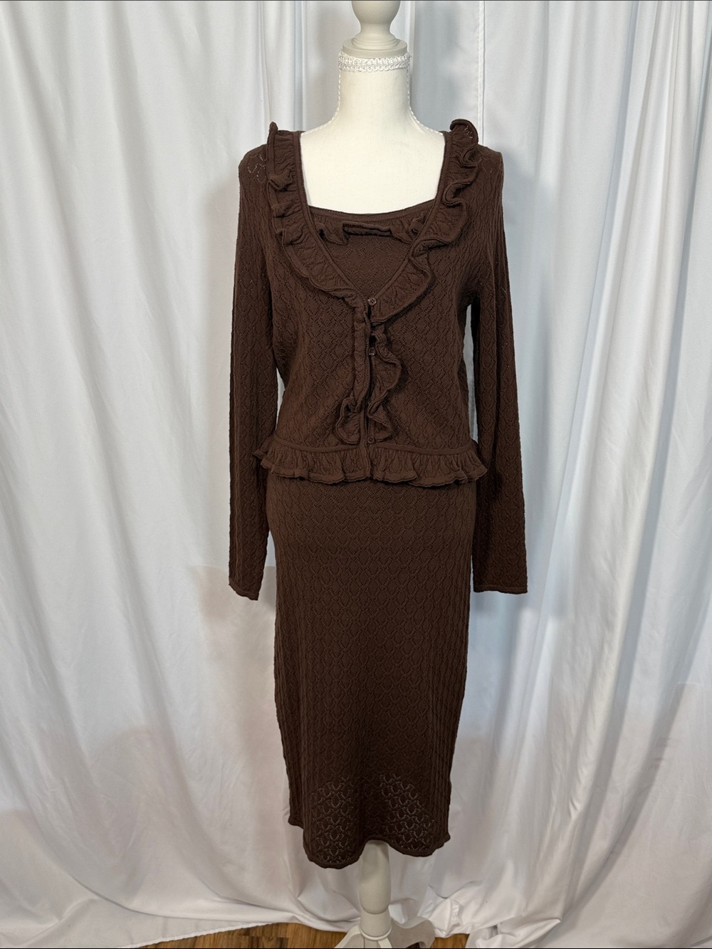 Ruffled Knit Midi Dress Set in Brown